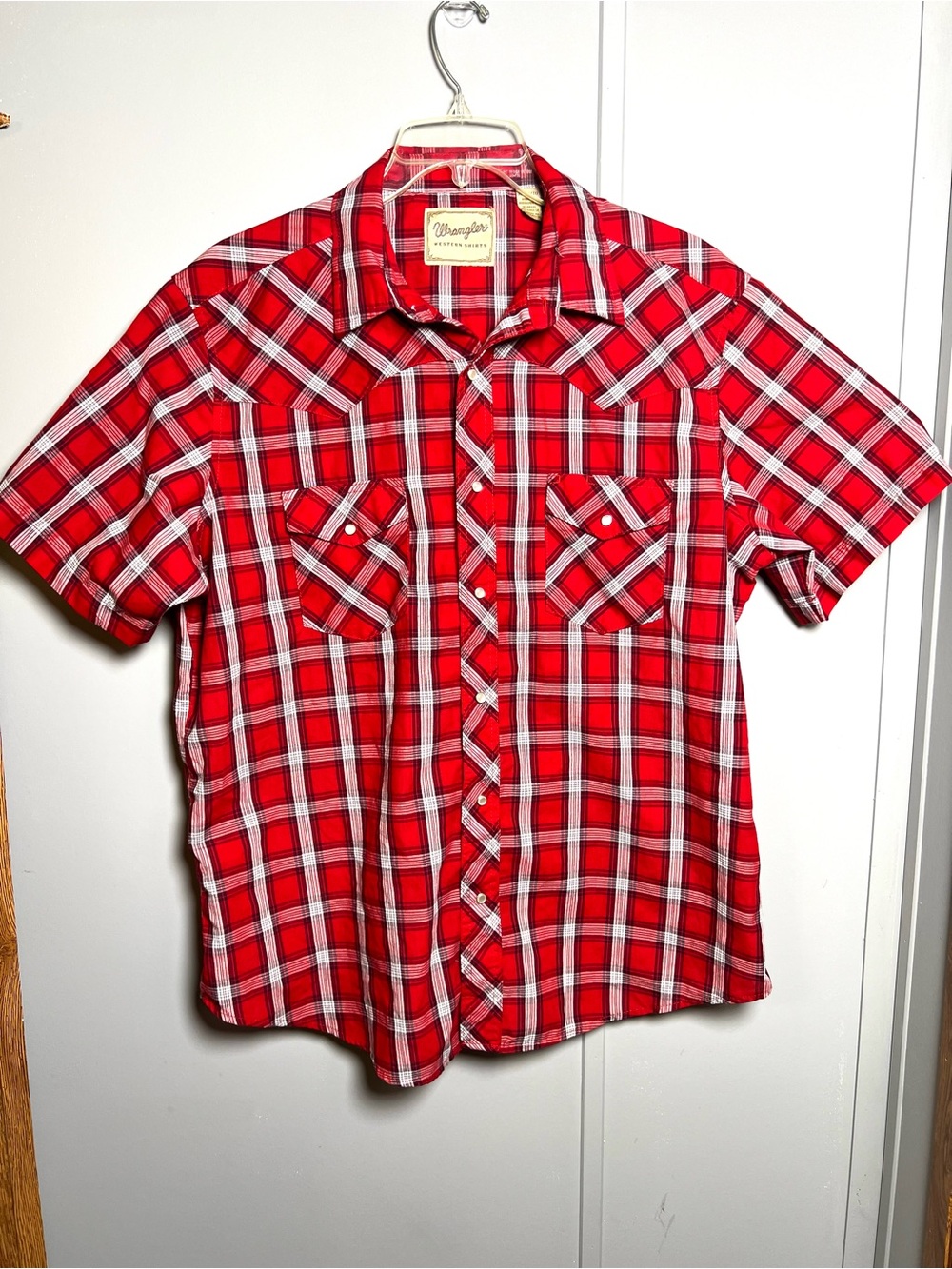 Wrangler Mens XL Western Pearl Snap Shirt Red Plaid Short Sleeve Country Rodeo